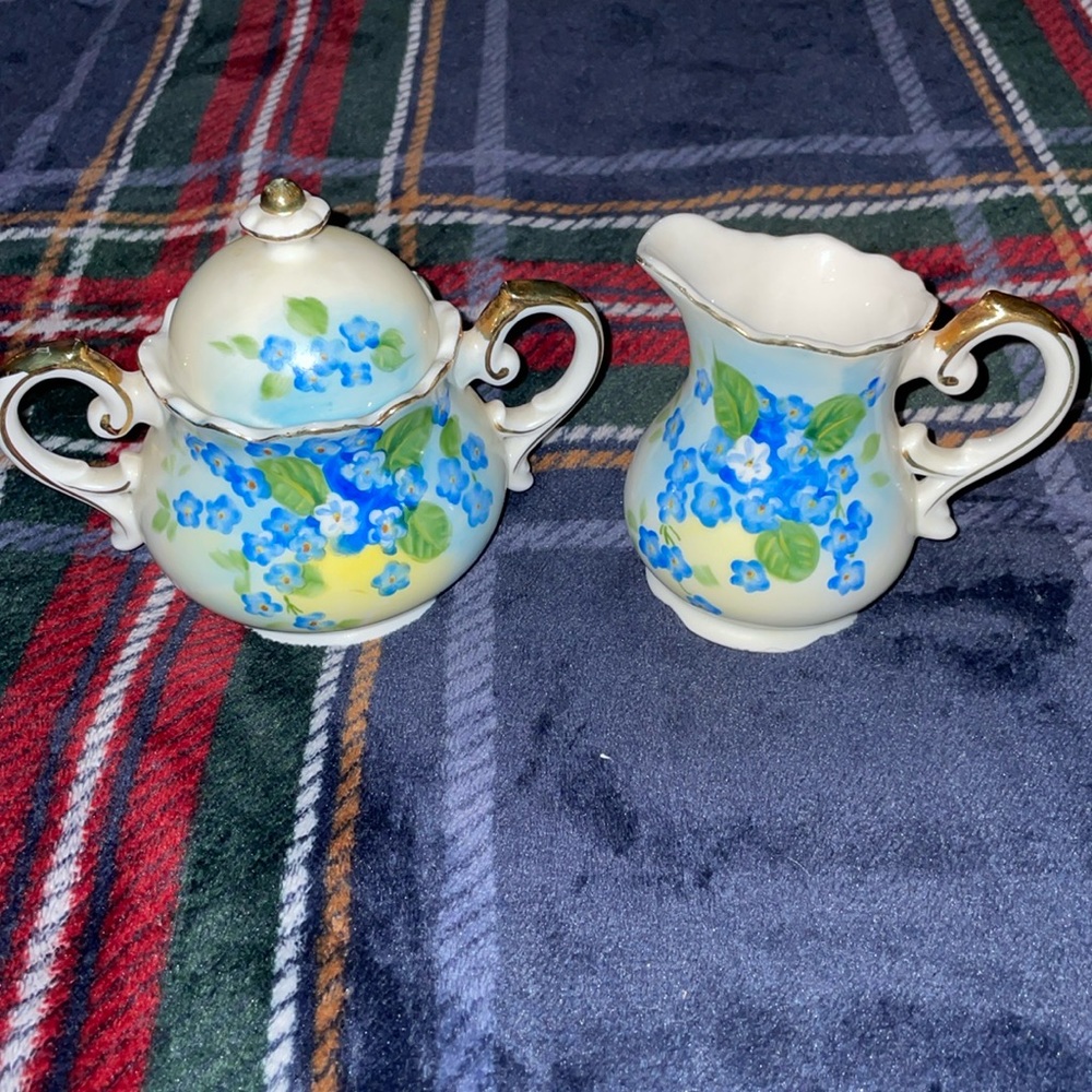 Lefton Miniature pitcher and teapot set blue flowers